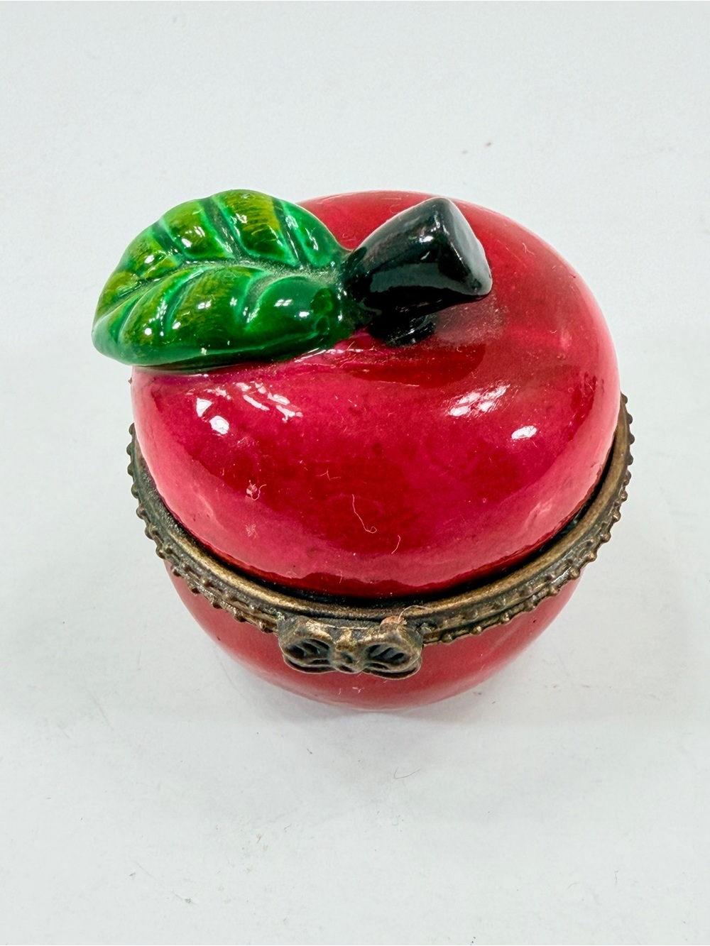Limoges Style Porcelain Trinket Box Hand Painted Red Apple Green Leaf
